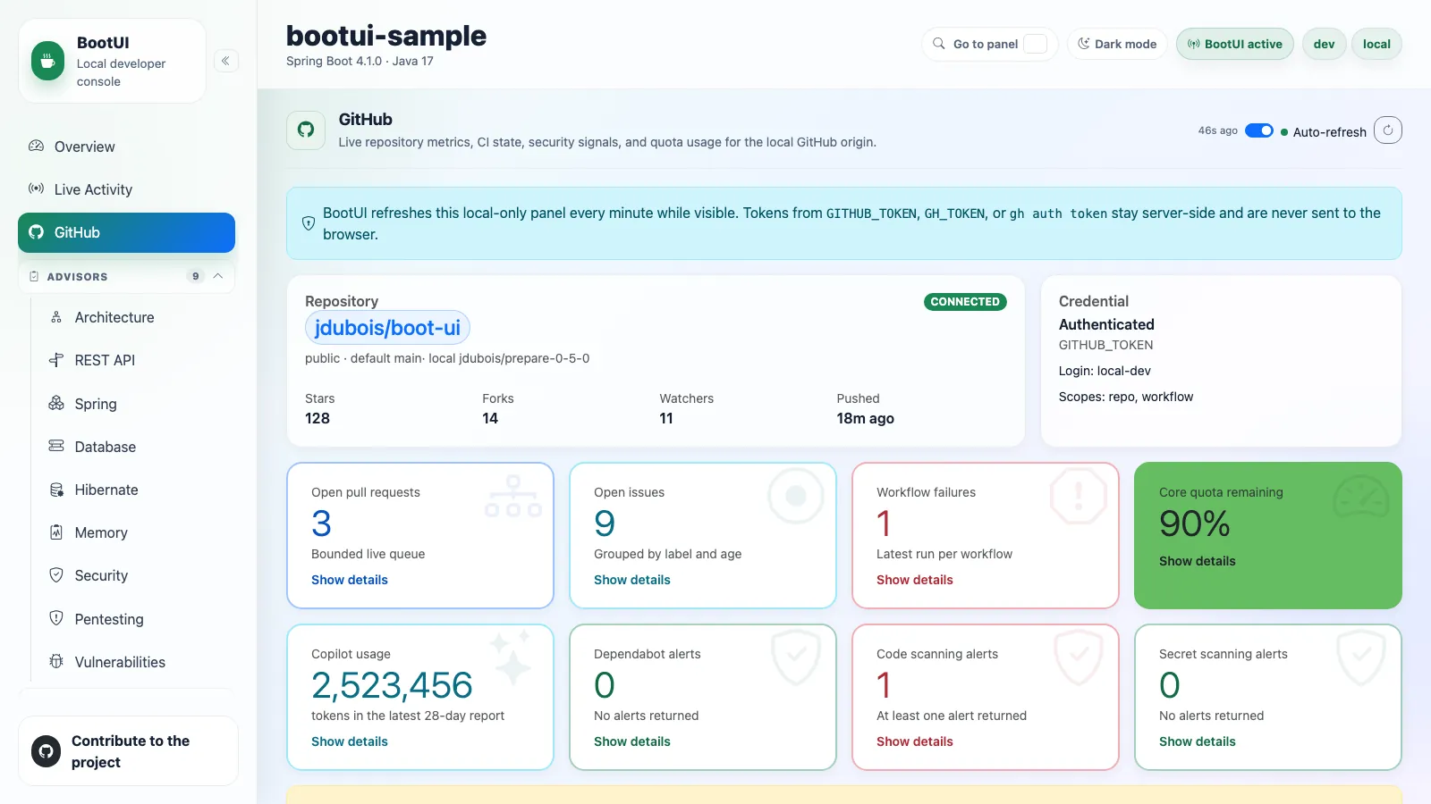 BootUI GitHub panel