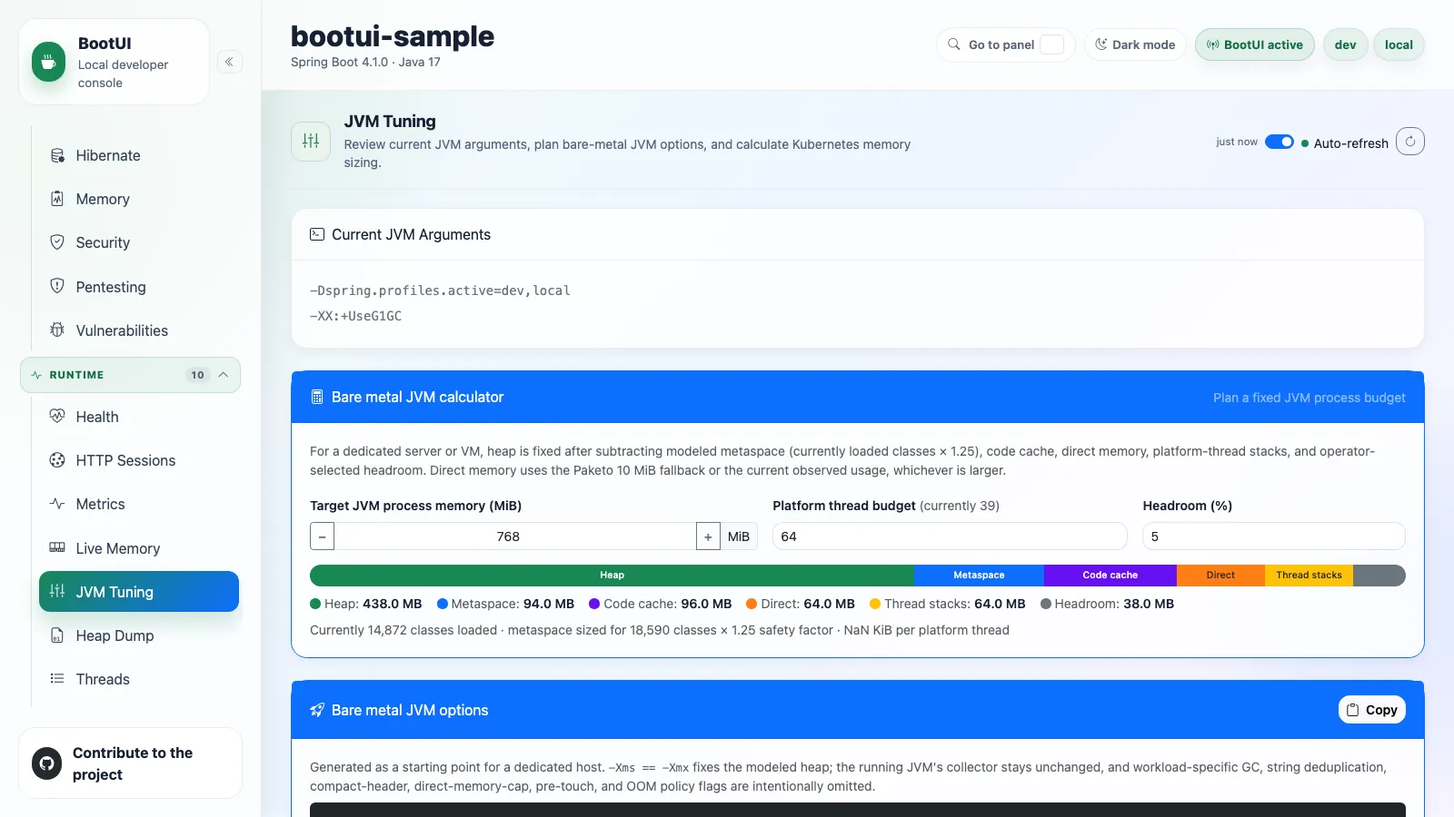 BootUI JVM Tuning panel