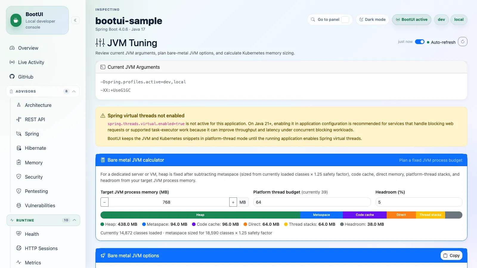 BootUI JVM Tuning panel
