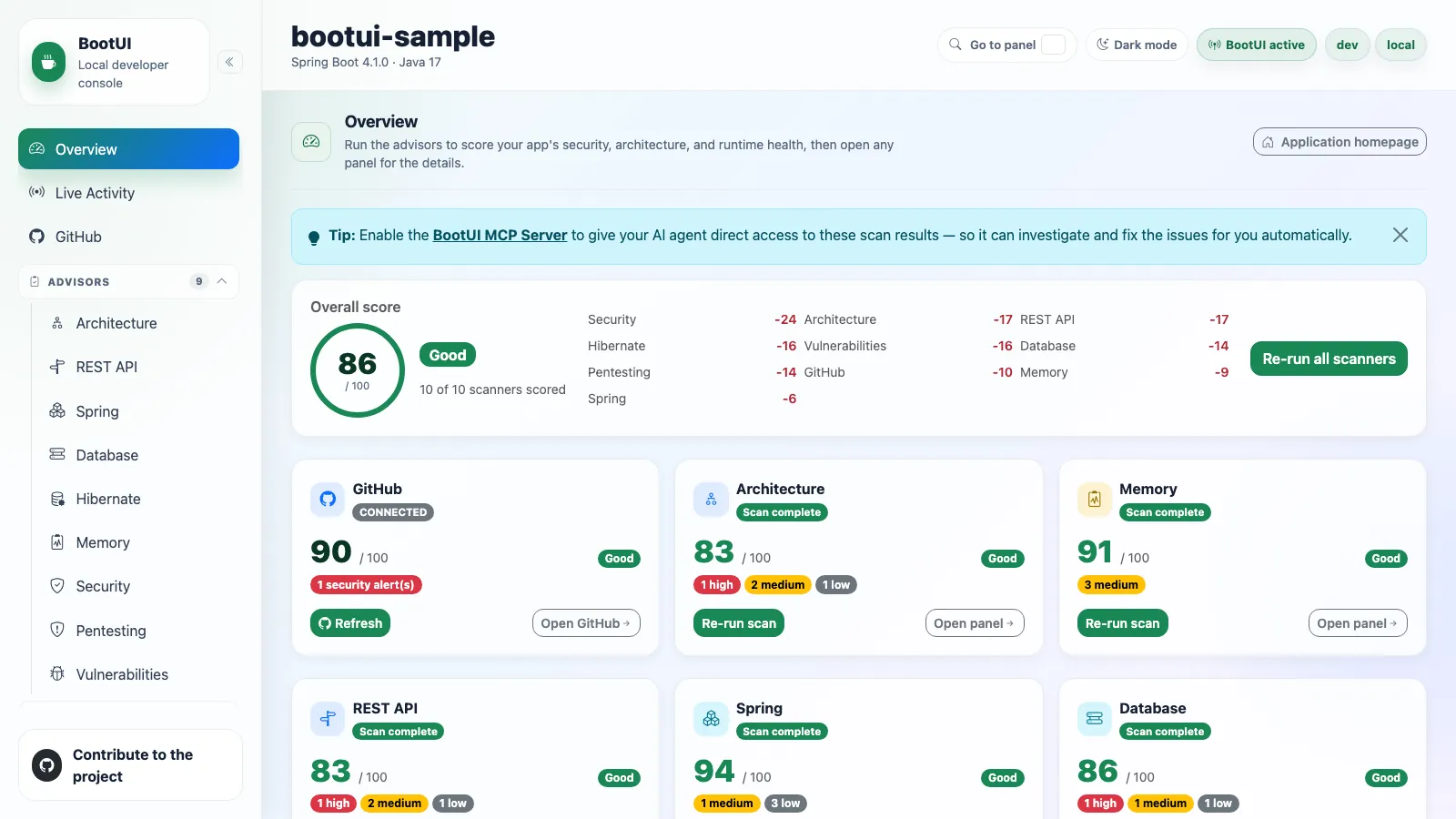 BootUI Overview panel