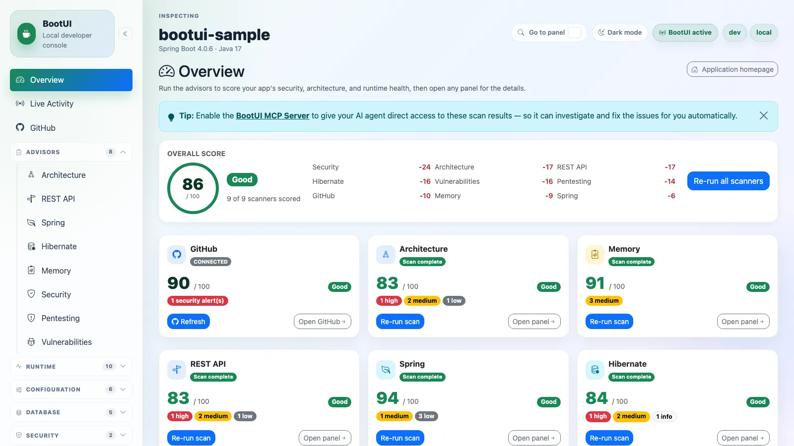 BootUI Overview panel